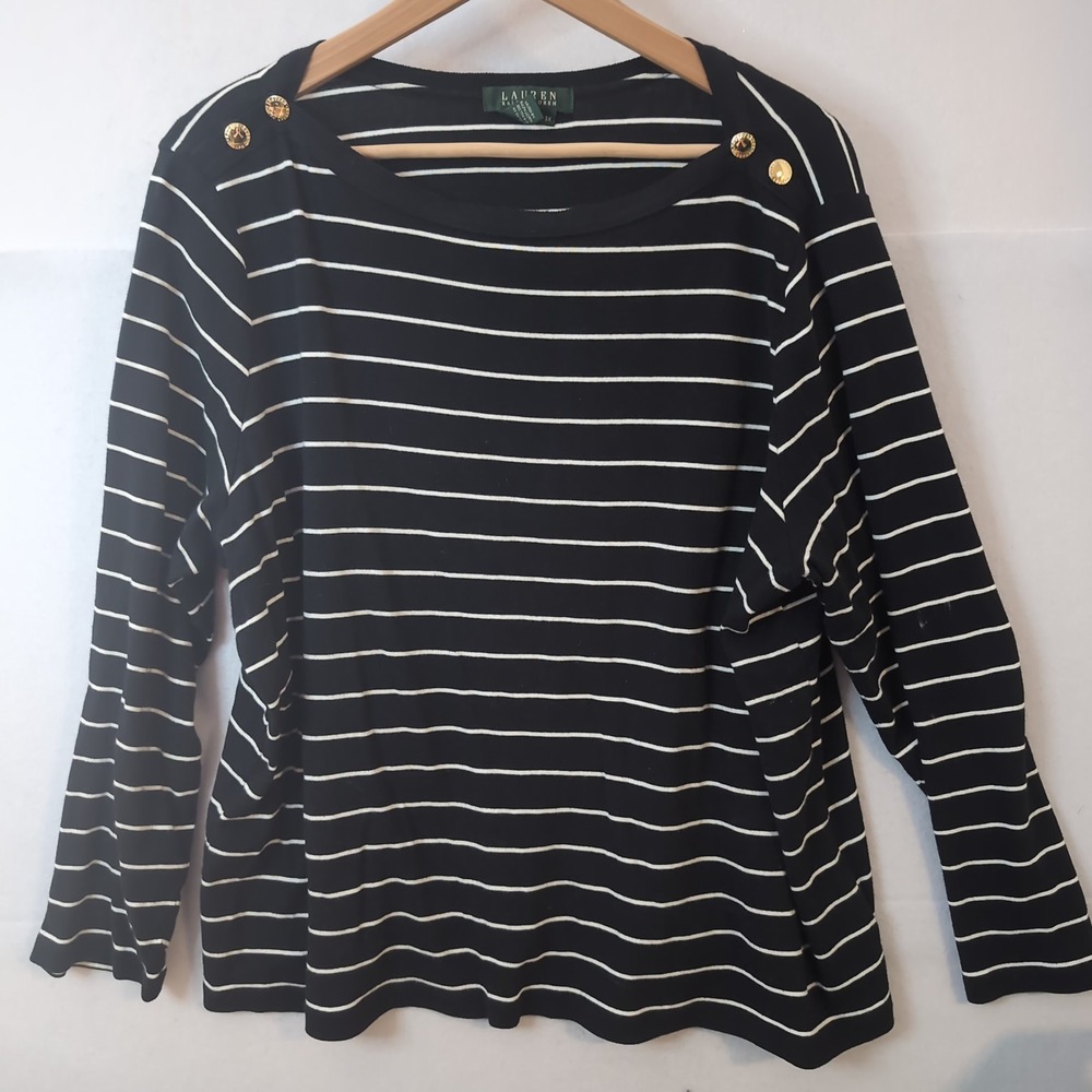 Lauren Ralph Lauren Black White Striped Button Shoulder Top 3X Cotton